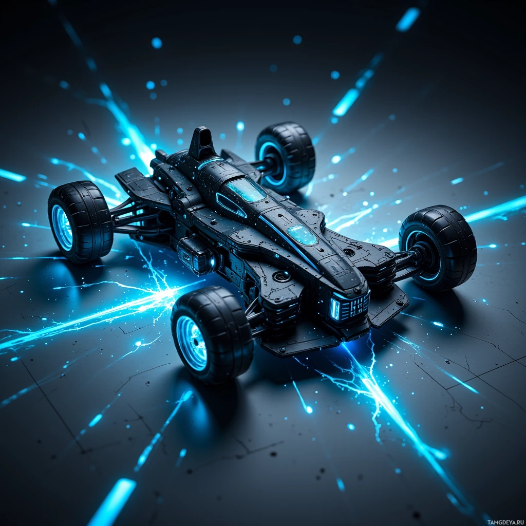 A futuristic vehicle with glowing blue accents and energy trails is depicted in motion against a dark background.