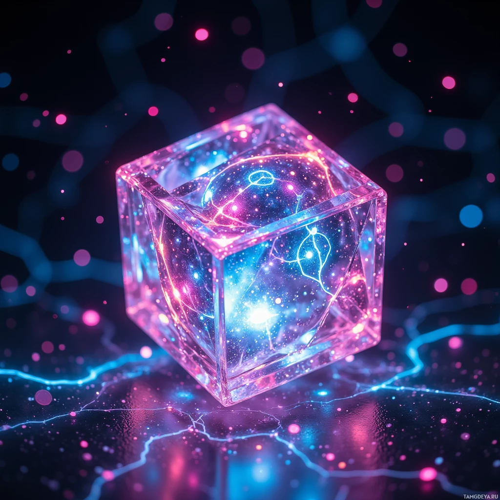 A glowing cube with vibrant pink and blue lights against a dark background.