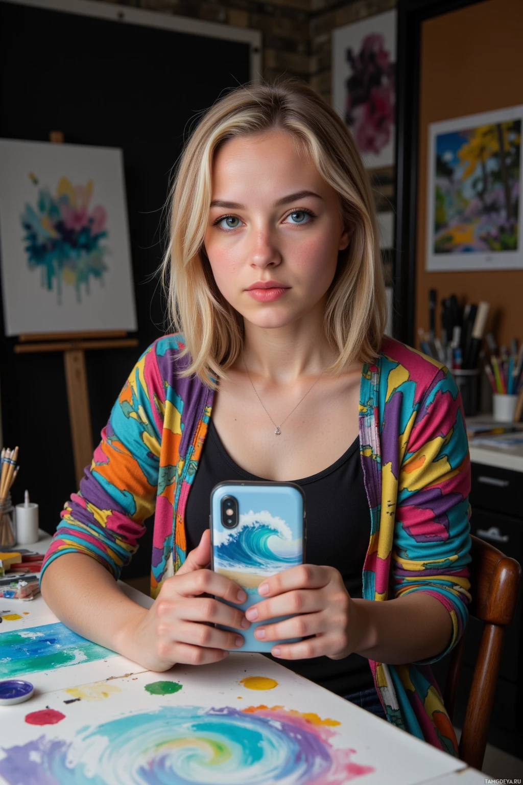 A person wearing a colorful cardigan sits at a table with art supplies, holding a phone with a wave design.