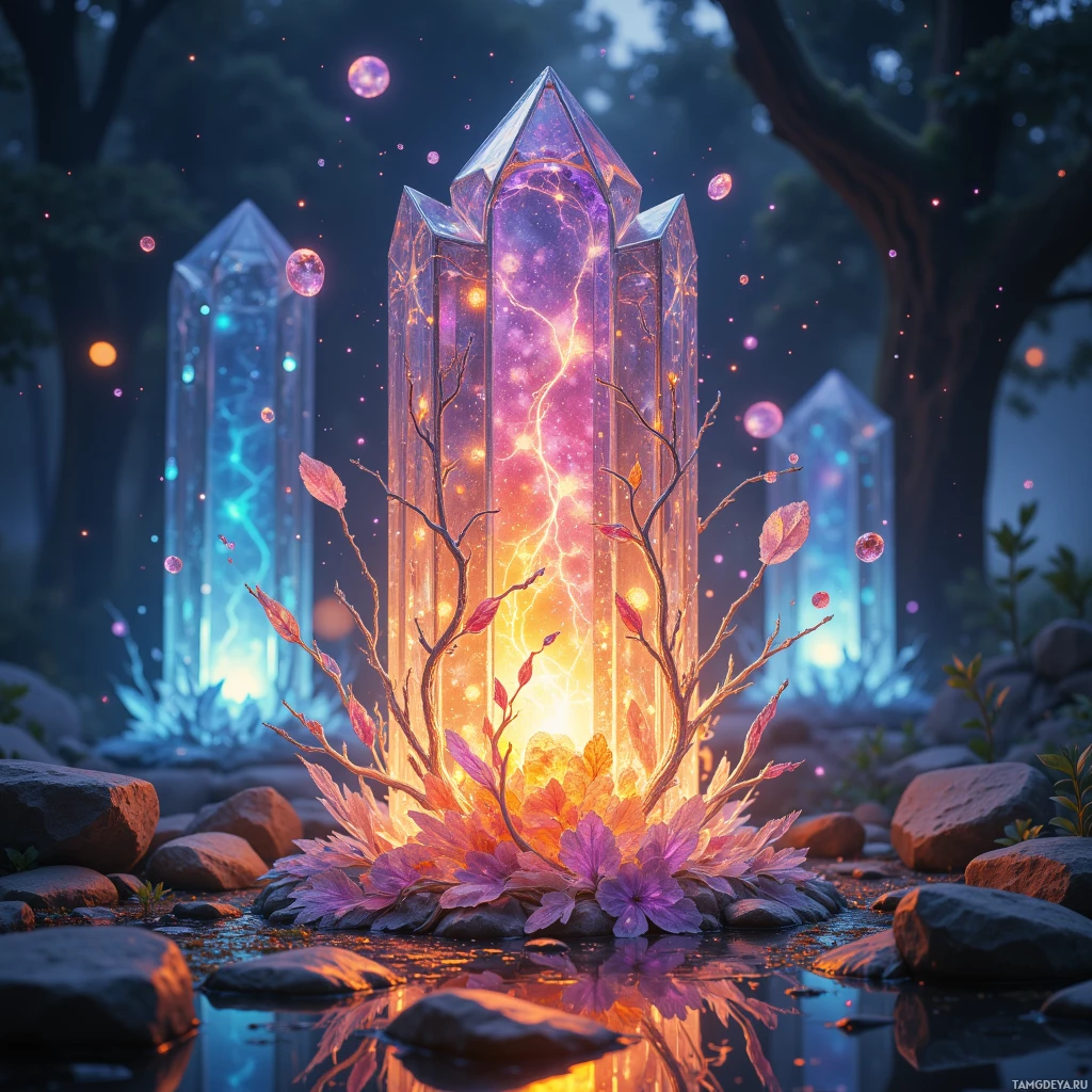 A glowing crystal surrounded by vibrant foliage in a mystical forest setting.