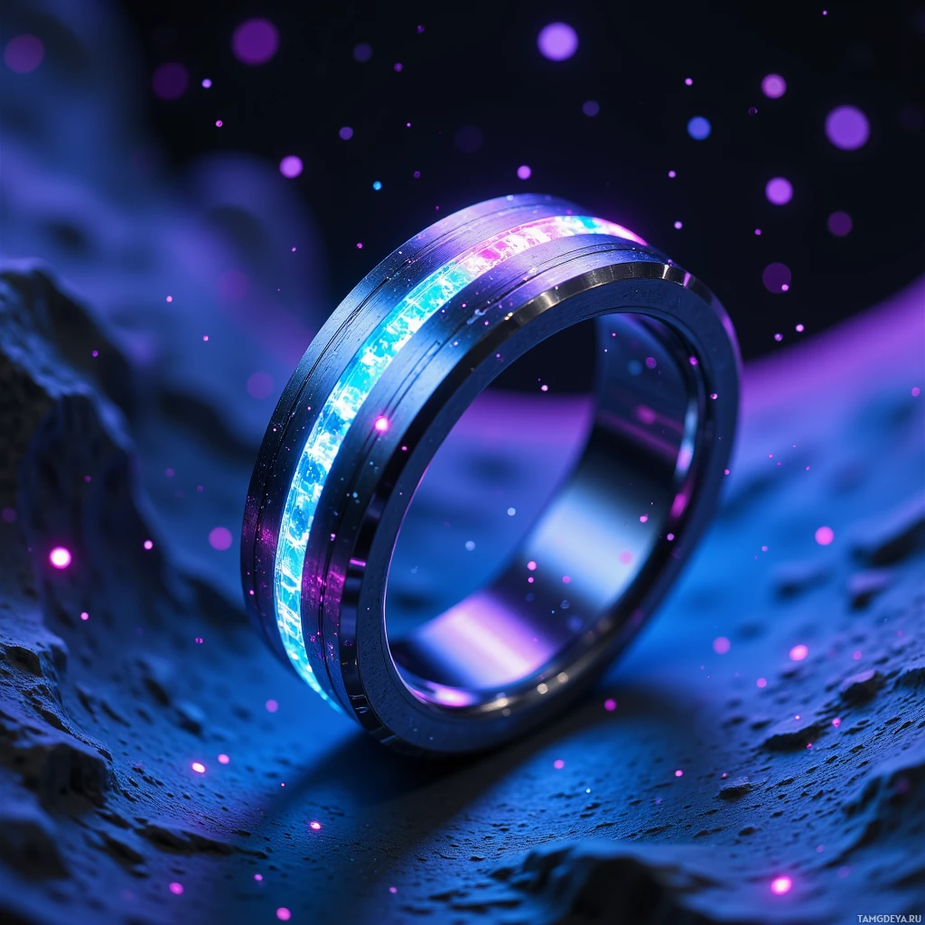 A glowing ring with a cosmic design sits on a textured surface against a starry background.