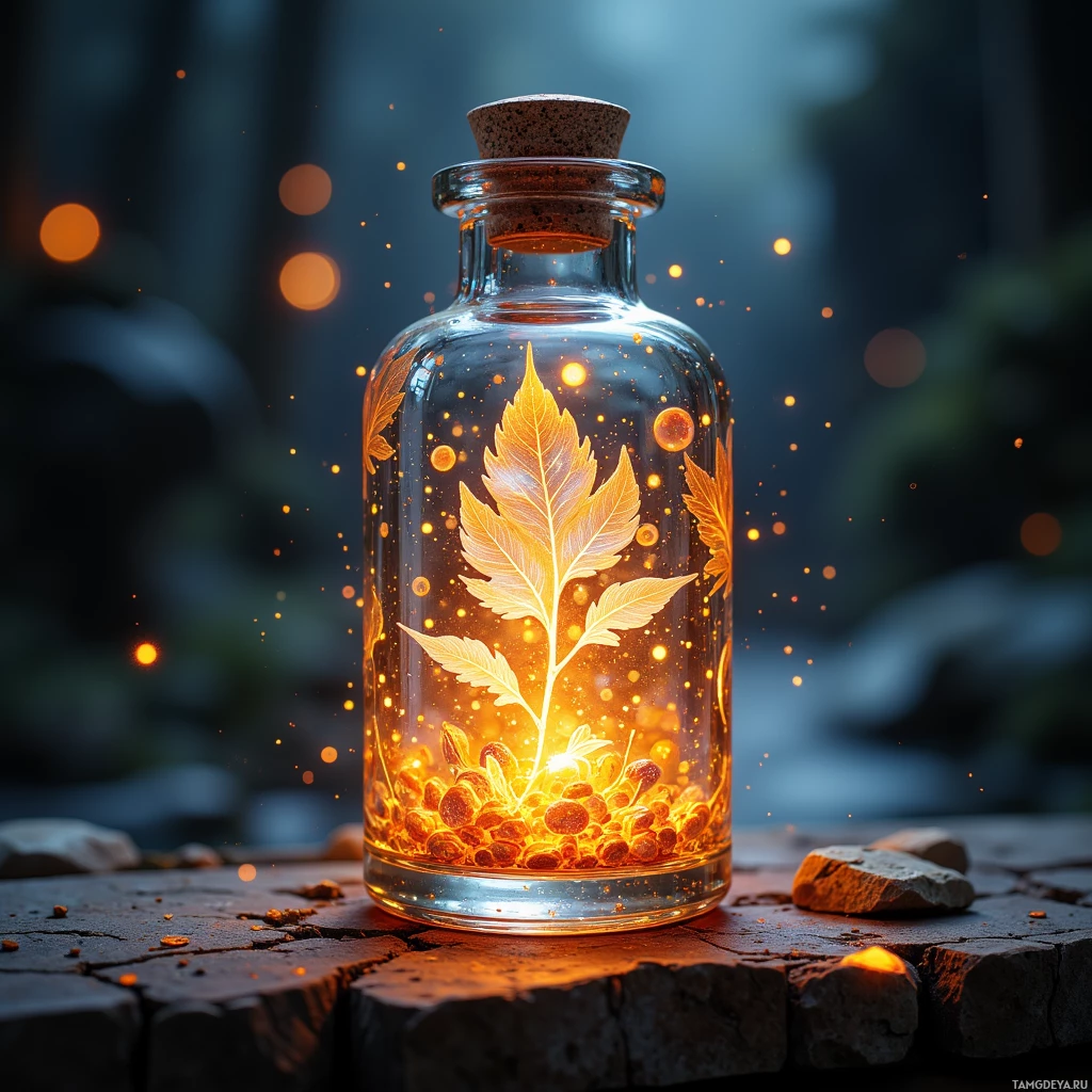 A glass bottle with a cork contains glowing seeds and a leaf, set against a dark, bokeh-lit background.