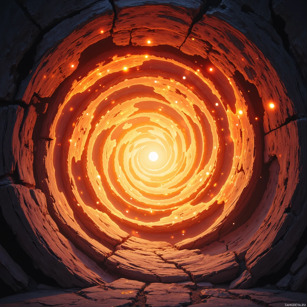 A fiery spiral with glowing embers and a bright light at its center.