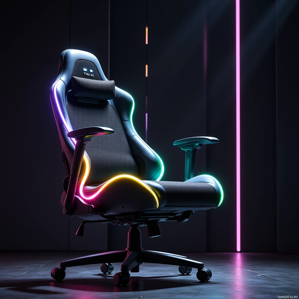 A modern gaming chair with glowing neon lights in a dark room.