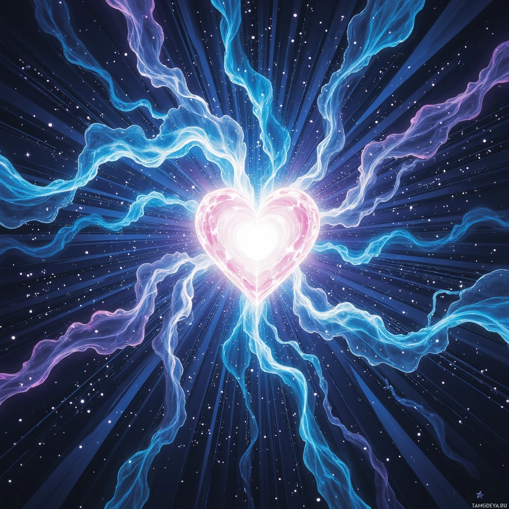 A glowing heart radiates light and energy against a starry background.