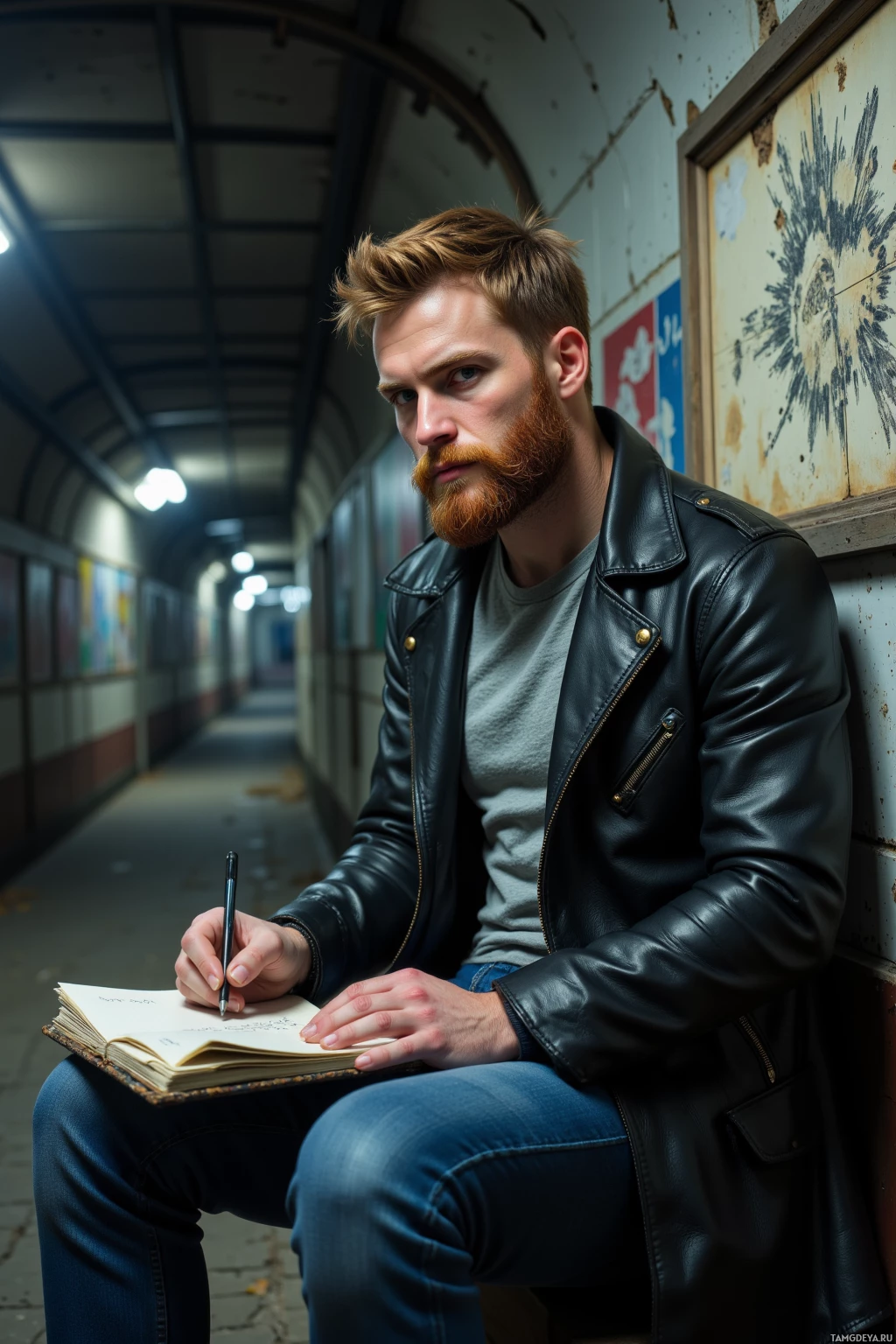 A person wearing a leather jacket sits on a bench in an indoor corridor, writing in a notebook with a pen.
