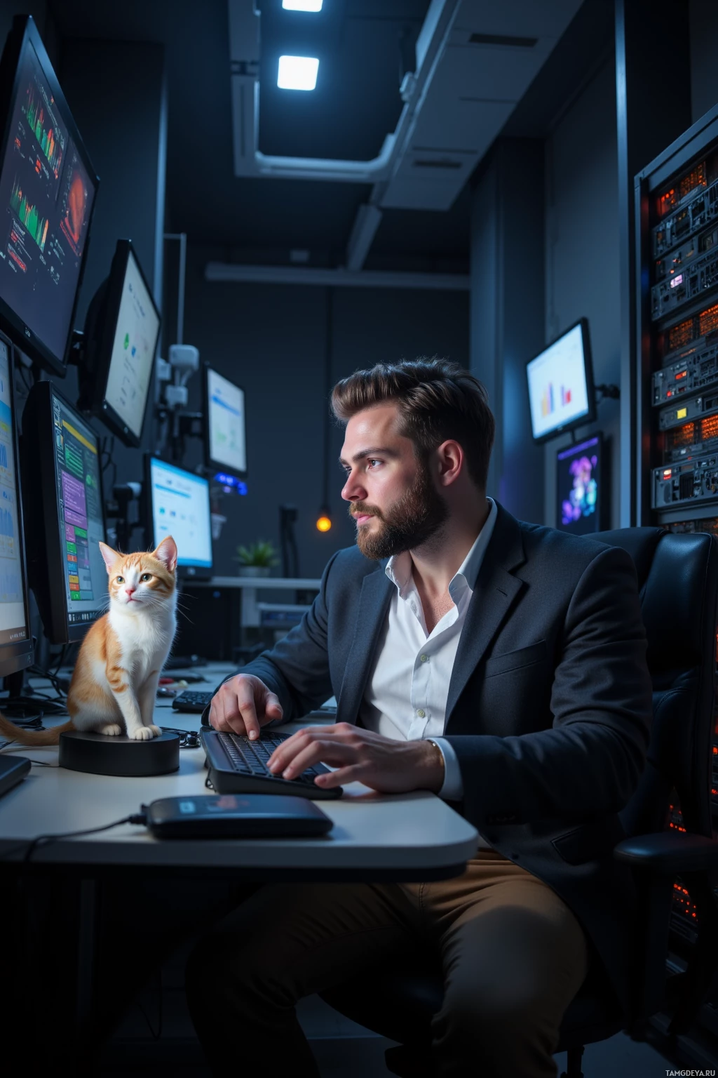A man in professional attire works at a desk with multiple monitors and a cat sitting on the keyboard.