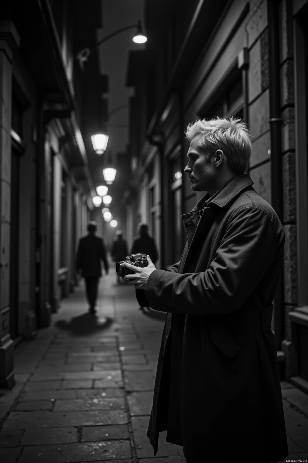 A person in a coat stands in a dimly lit alleyway, holding a camera.