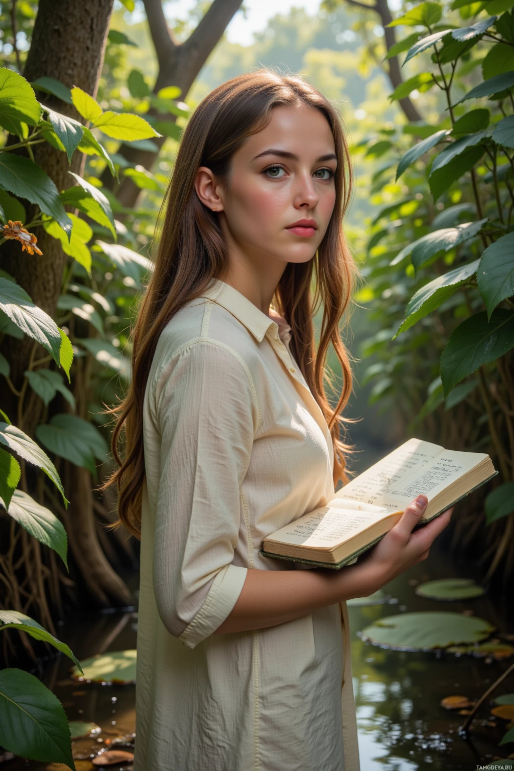 A person stands in a lush green setting holding an open book.