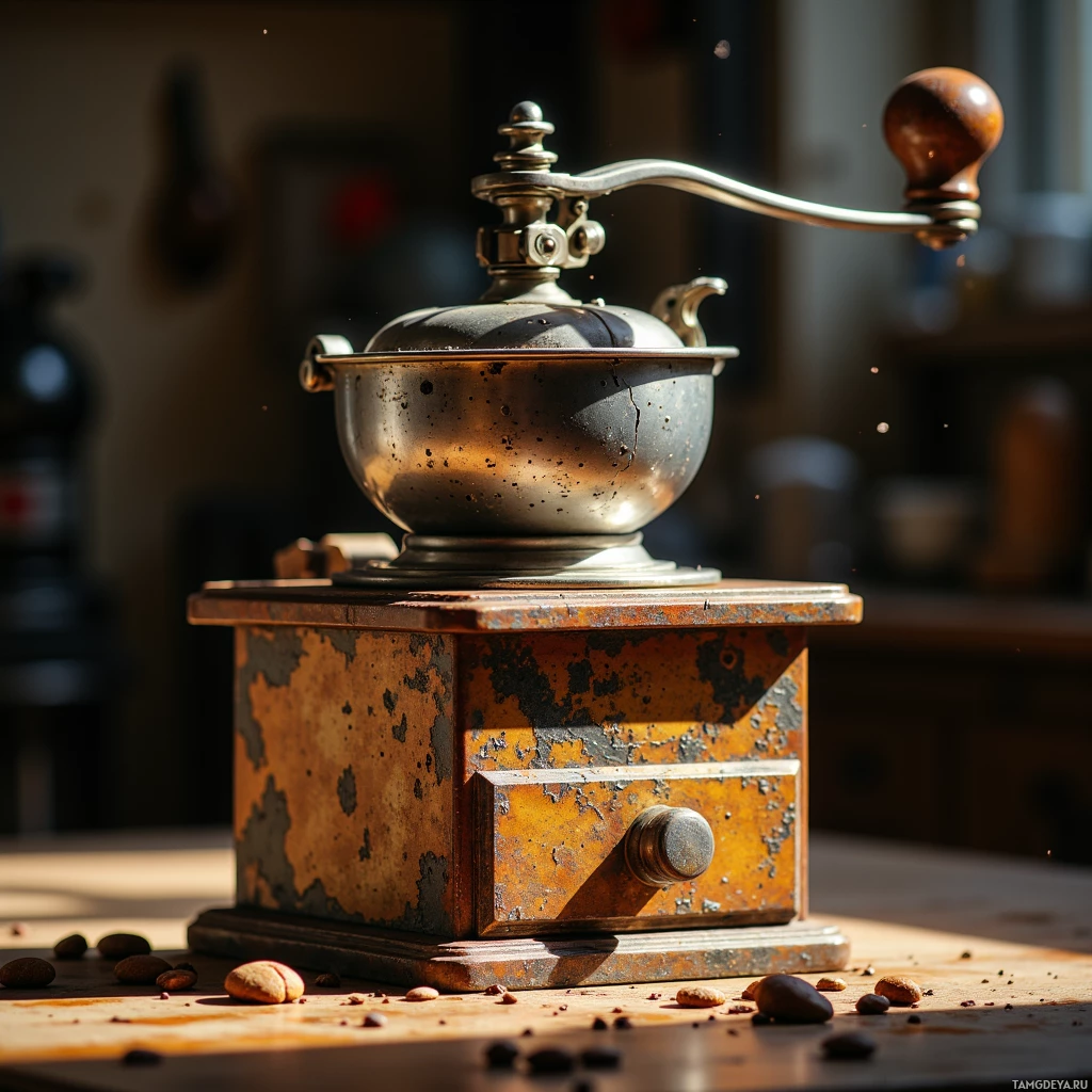 An old, rusted coffee grinder with a wooden handle sits on a wooden surface.