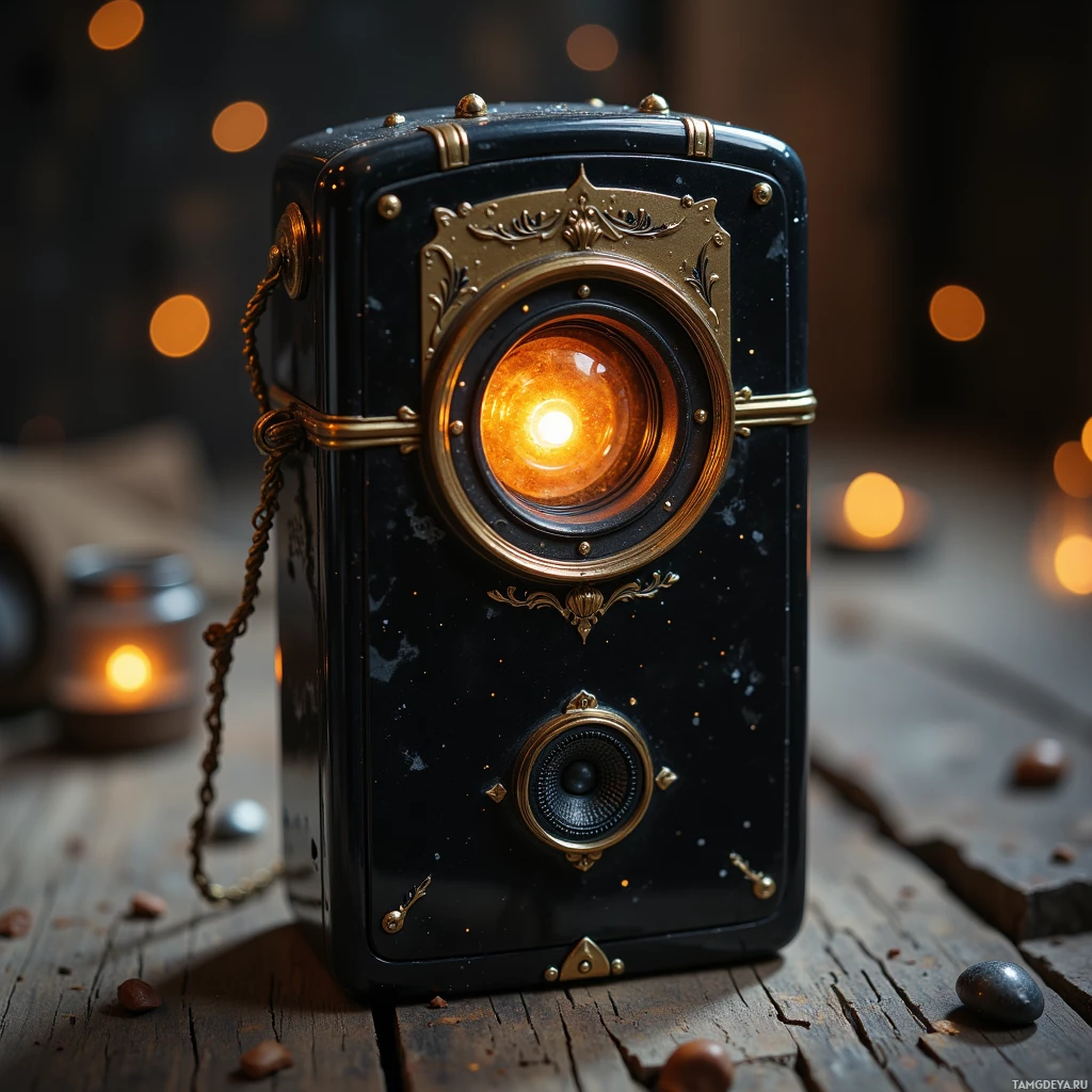 A vintage-style camera with ornate brass detailing and a glowing light in the center.
