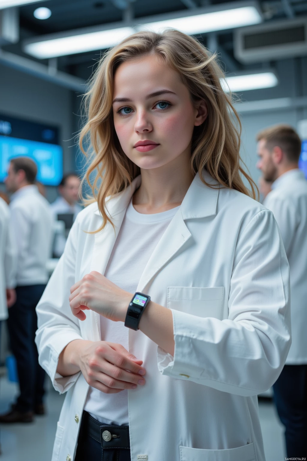 A person in a white lab coat stands indoors with others in the background, wearing a smartwatch on their wrist.