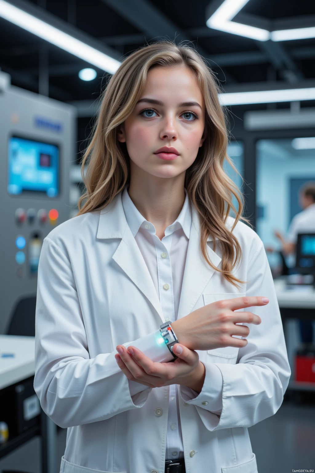 A person in a lab coat holds a futuristic device on their wrist.