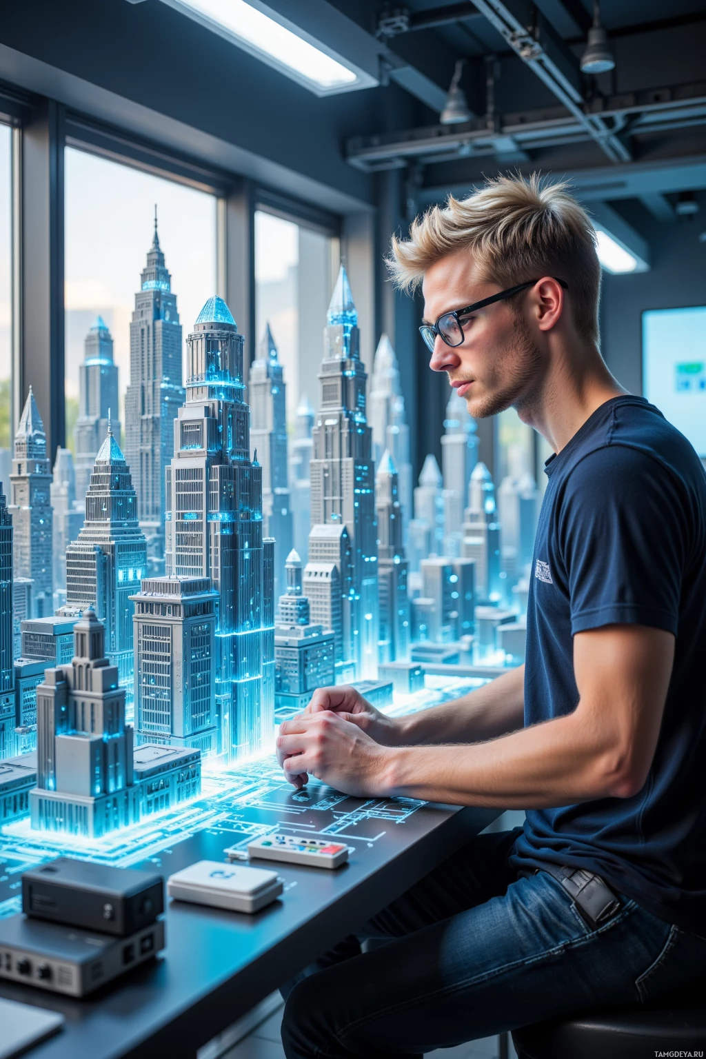 A person is seated at a desk with a futuristic cityscape model illuminated in blue light.