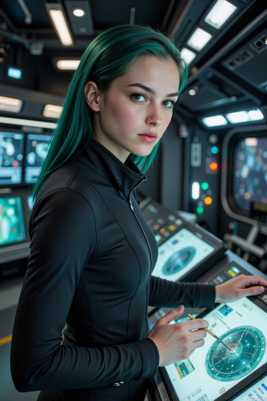 A person with green hair stands in a futuristic control room, interacting with advanced technology.