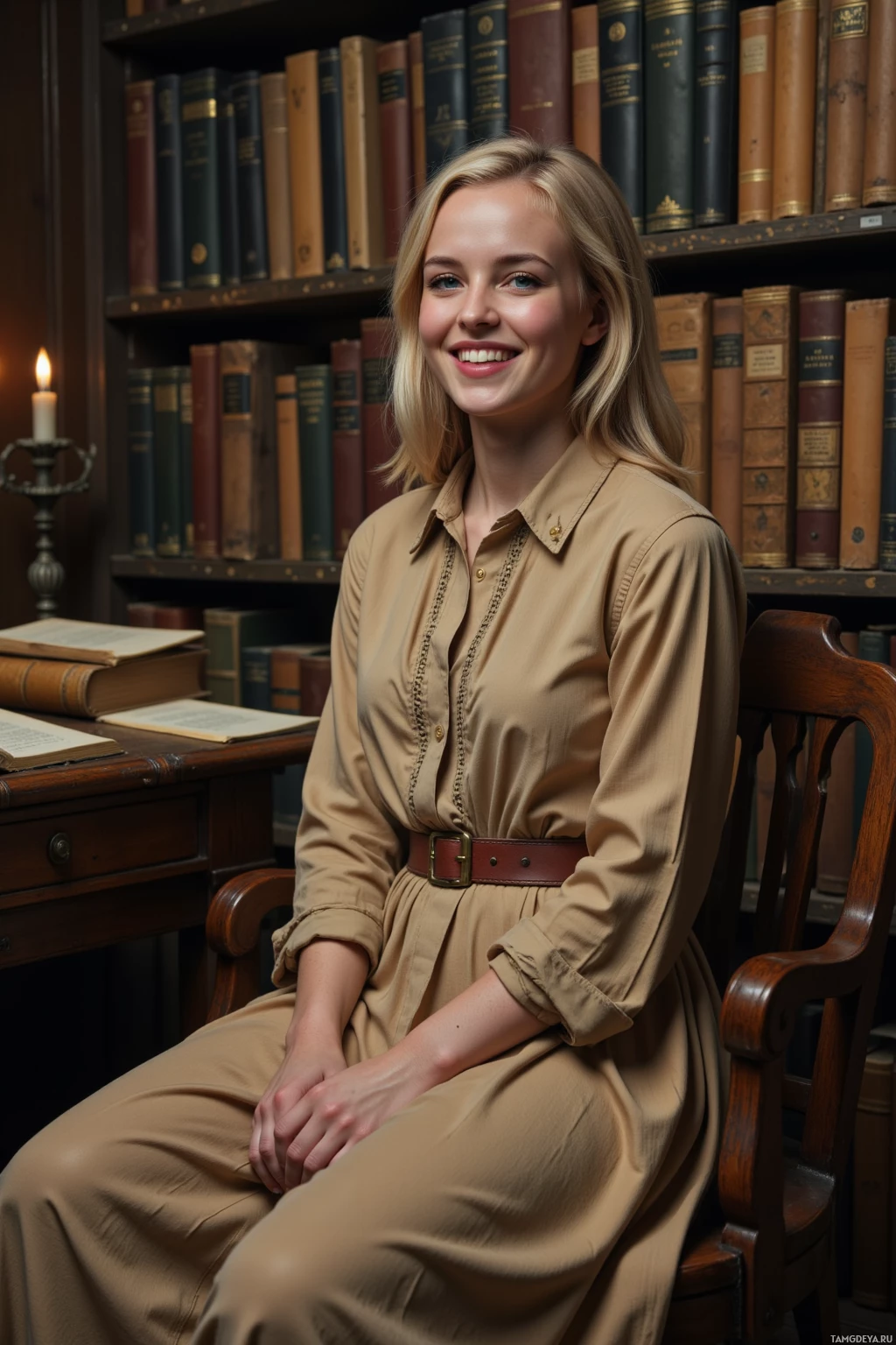 A person in a beige dress sits on an armchair in front of bookshelves filled with books and a lit candle on a desk.