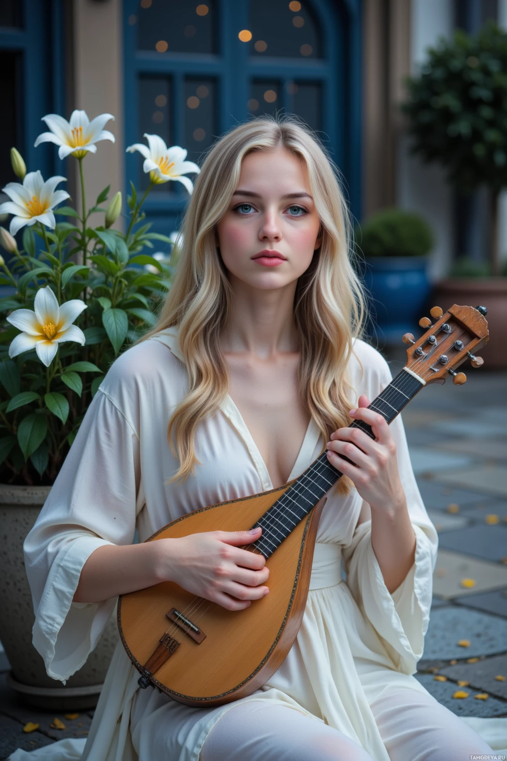 A person in white attire holds and poses with an acoustic guitar outdoors near flowers.