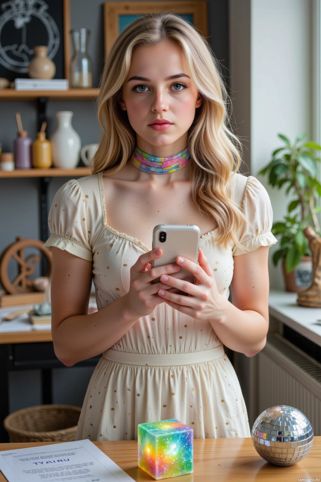 A person in a polka-dot dress holds a smartphone, standing in a room with decorative items.
