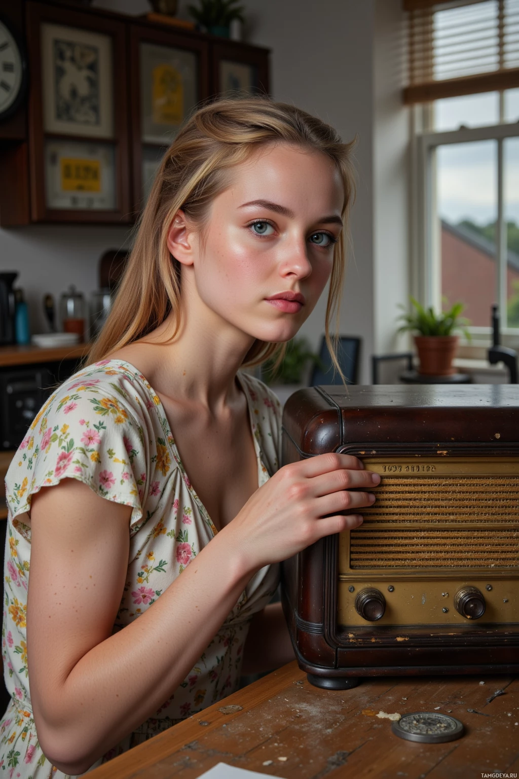 A person in a floral dress leans on a vintage radio in a cozy room.