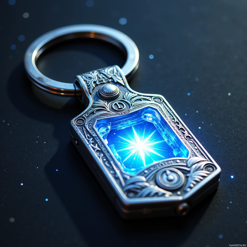A decorative keychain with a glowing blue gem and intricate metalwork.