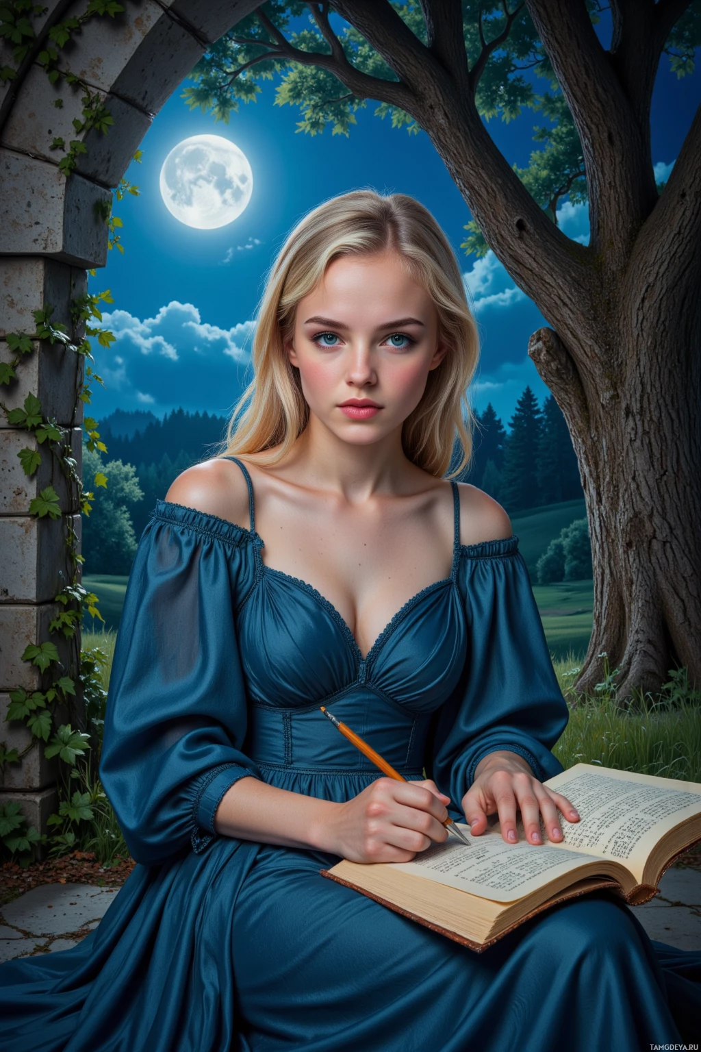 A person in a blue dress is sitting and writing in an open book under a night sky with a full moon.