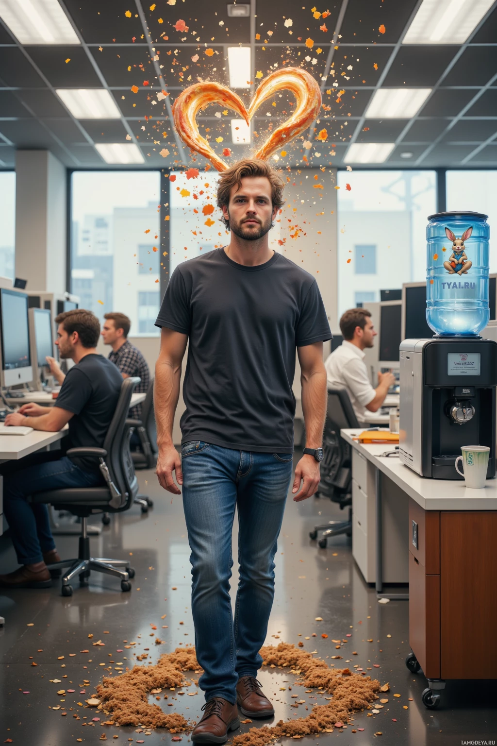 A man stands in an office with a heart-shaped confetti trail behind him.