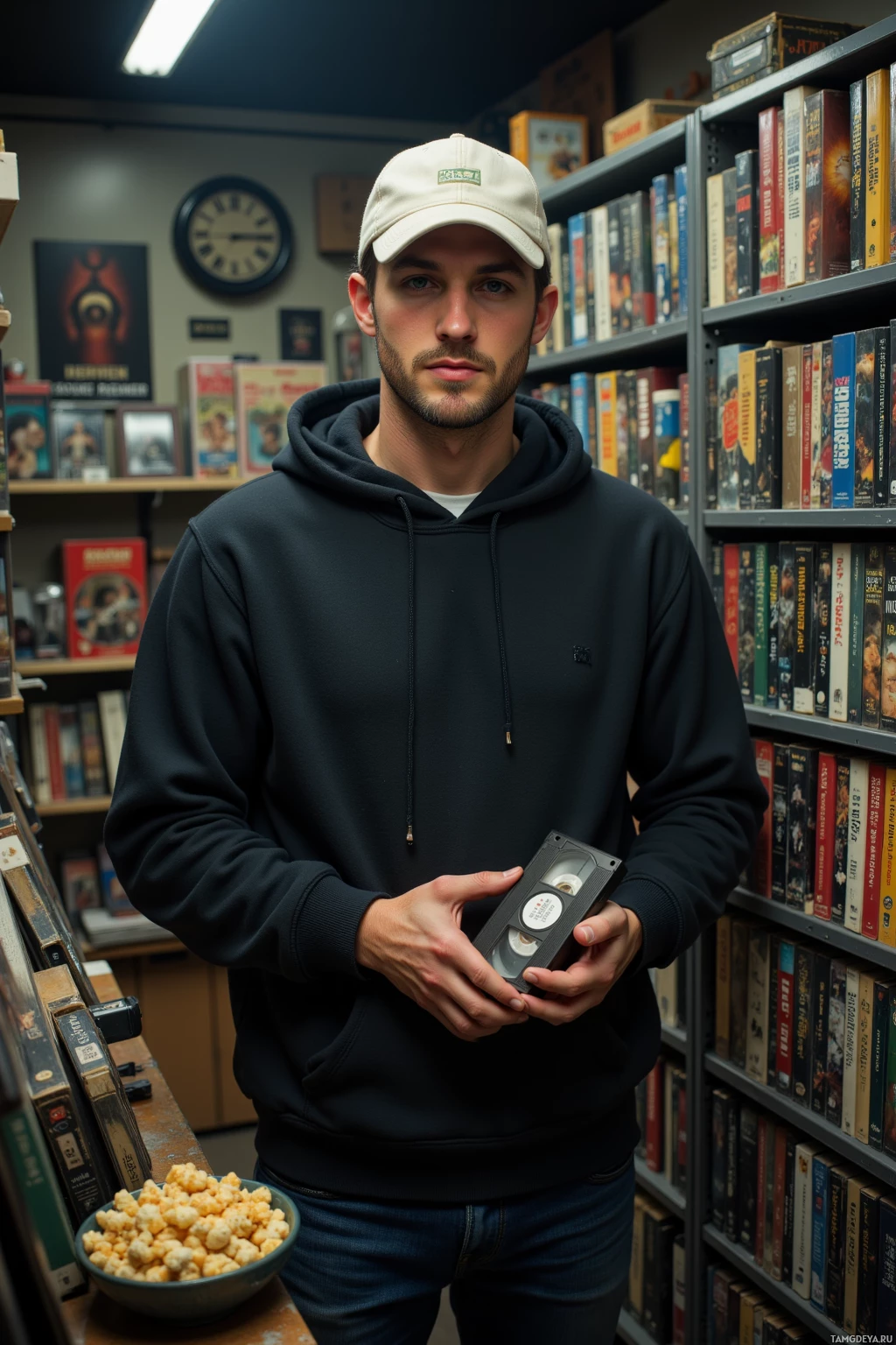 A person in a hoodie and cap holds a VHS tape in a room with bookshelves.