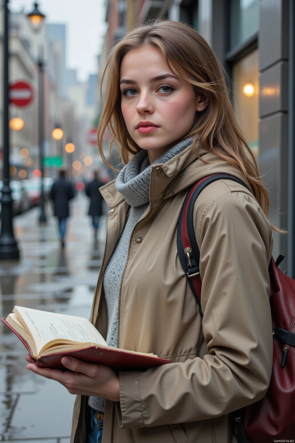 A person wearing a beige jacket and scarf, holding an open book, stands on a city street.