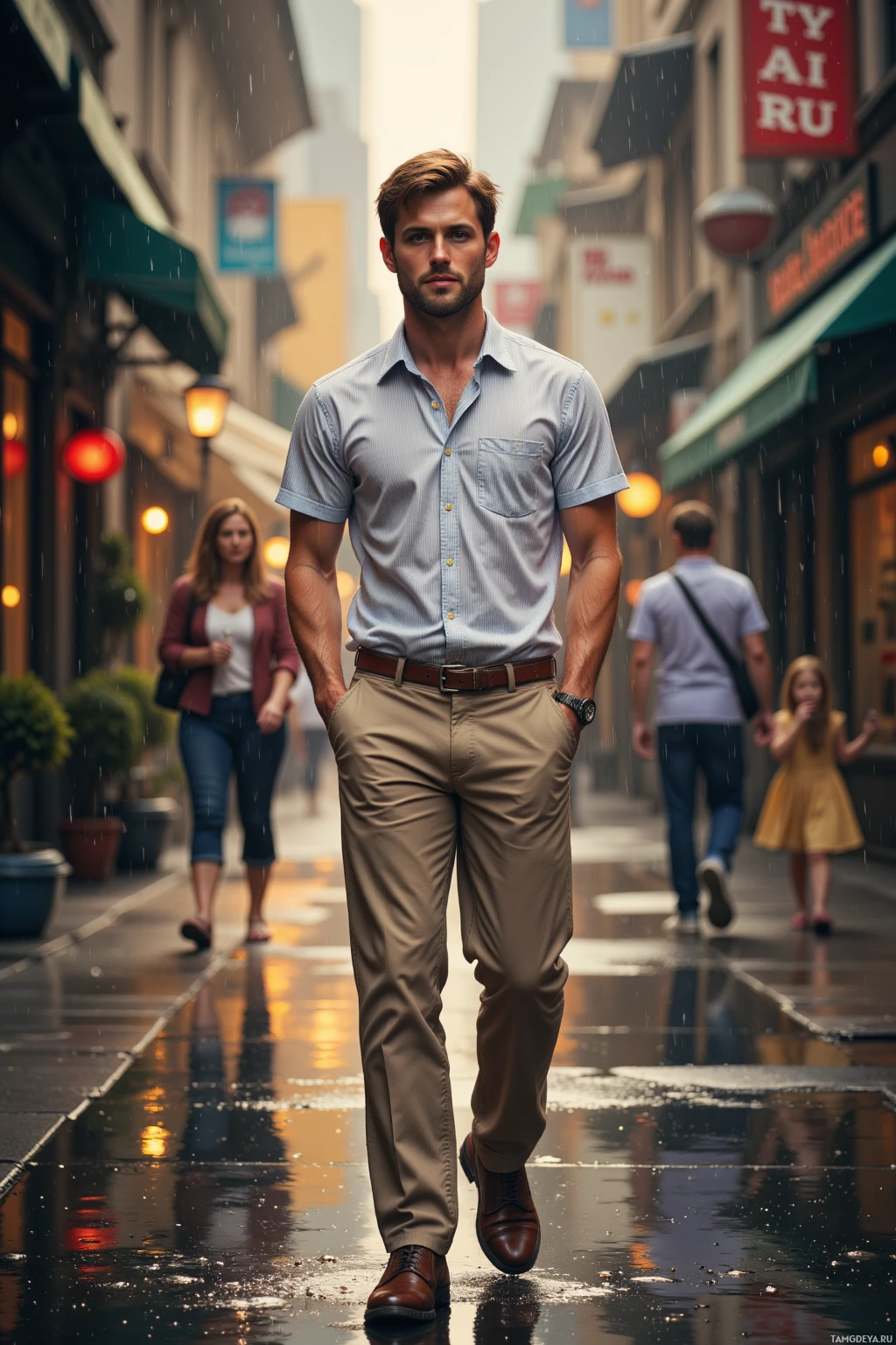 A man walks down a rainy street in an urban setting with shops and pedestrians in the background.