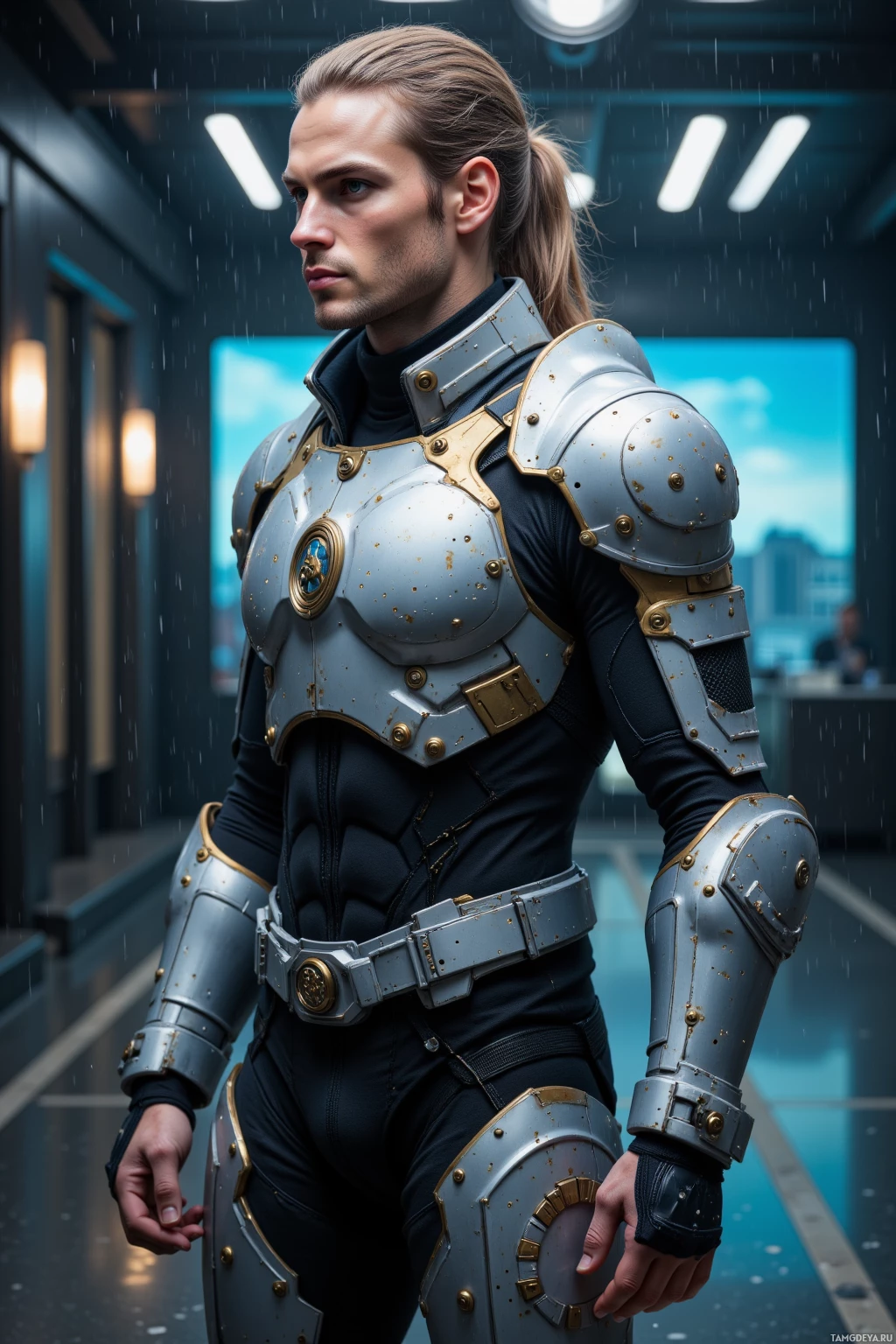A person in futuristic armor stands in a rain-soaked corridor with modern lighting and windows.
