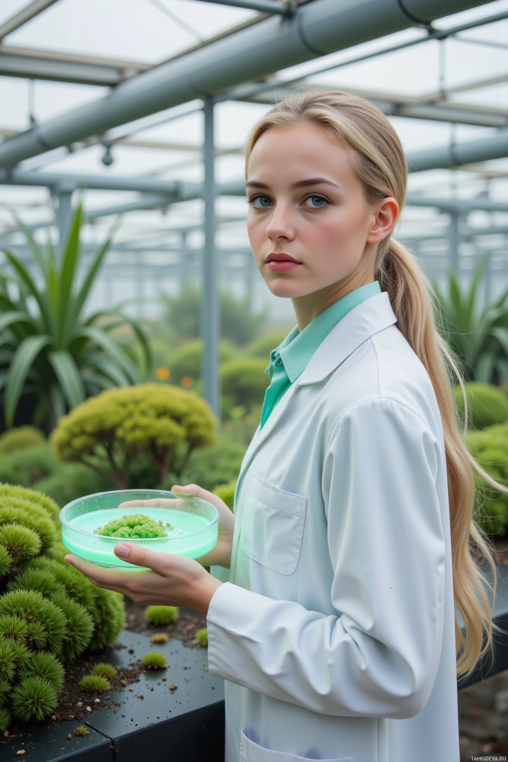 A person in a lab coat holds a petri dish with a green substance in a greenhouse setting.