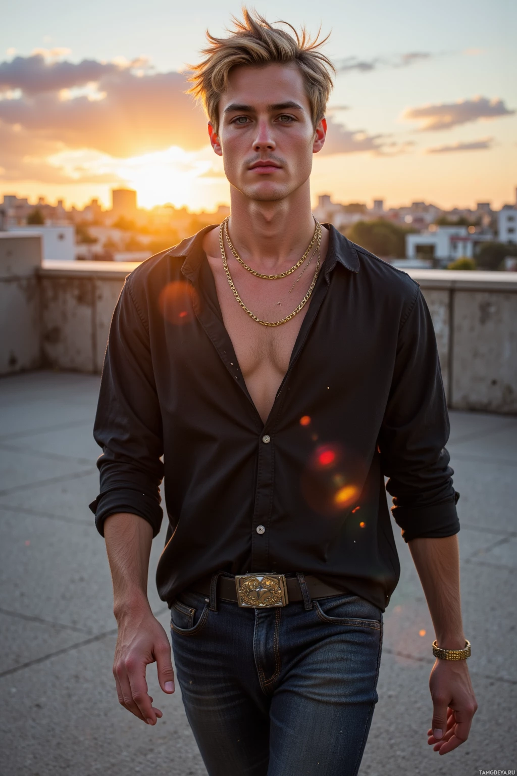 A person stands outdoors at sunset wearing a black shirt and jeans with accessories.