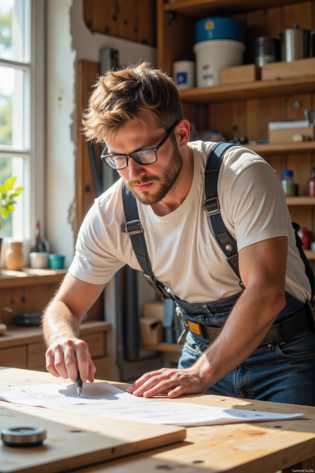 A man in overalls is working on blueprints at a wooden table in a workshop.