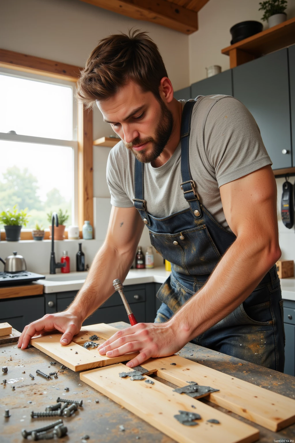 A man wearing overalls works on assembling wooden pieces in a kitchen setting.