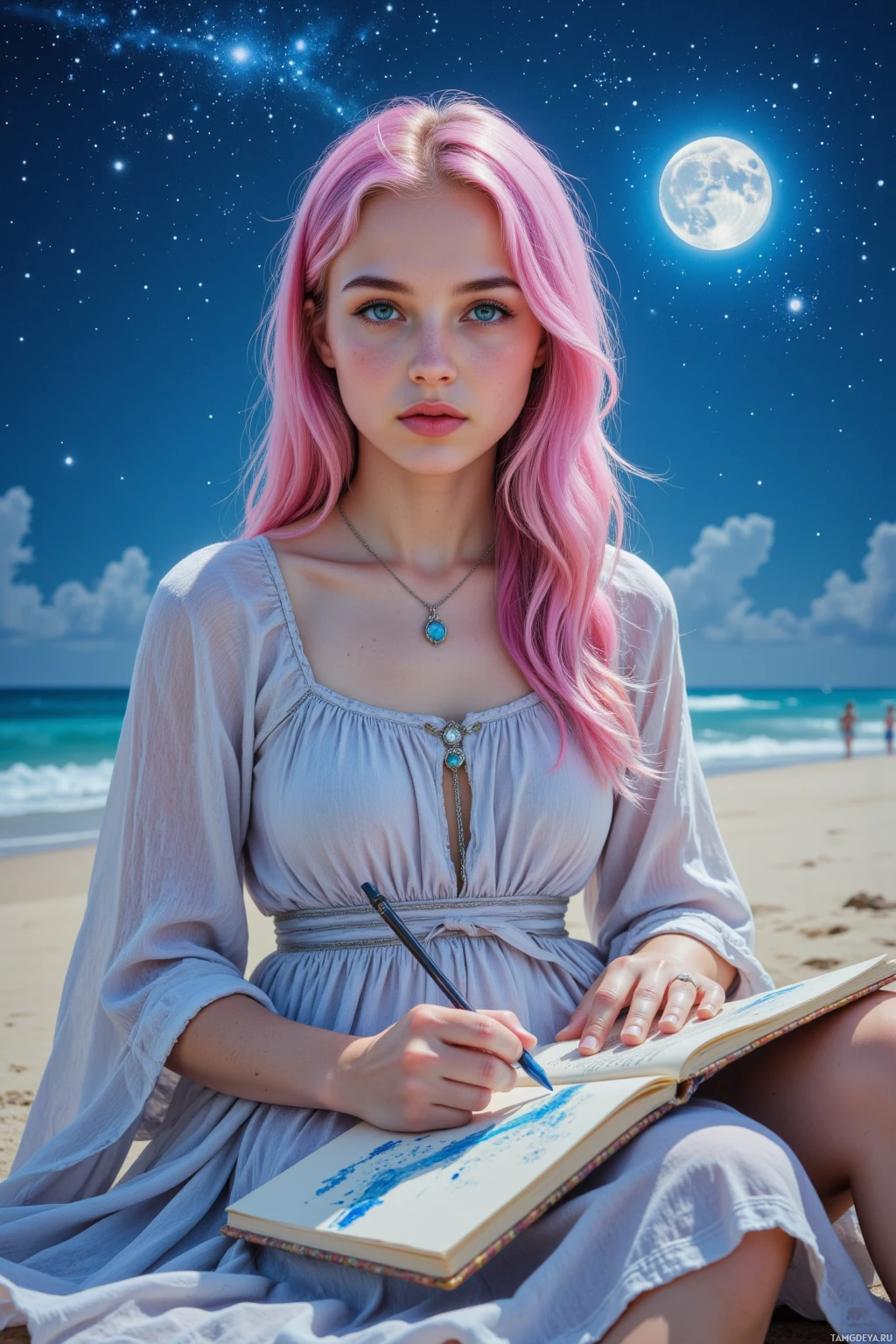 A person with pink hair sits on a beach at night, writing in a notebook under a starry sky and full moon.