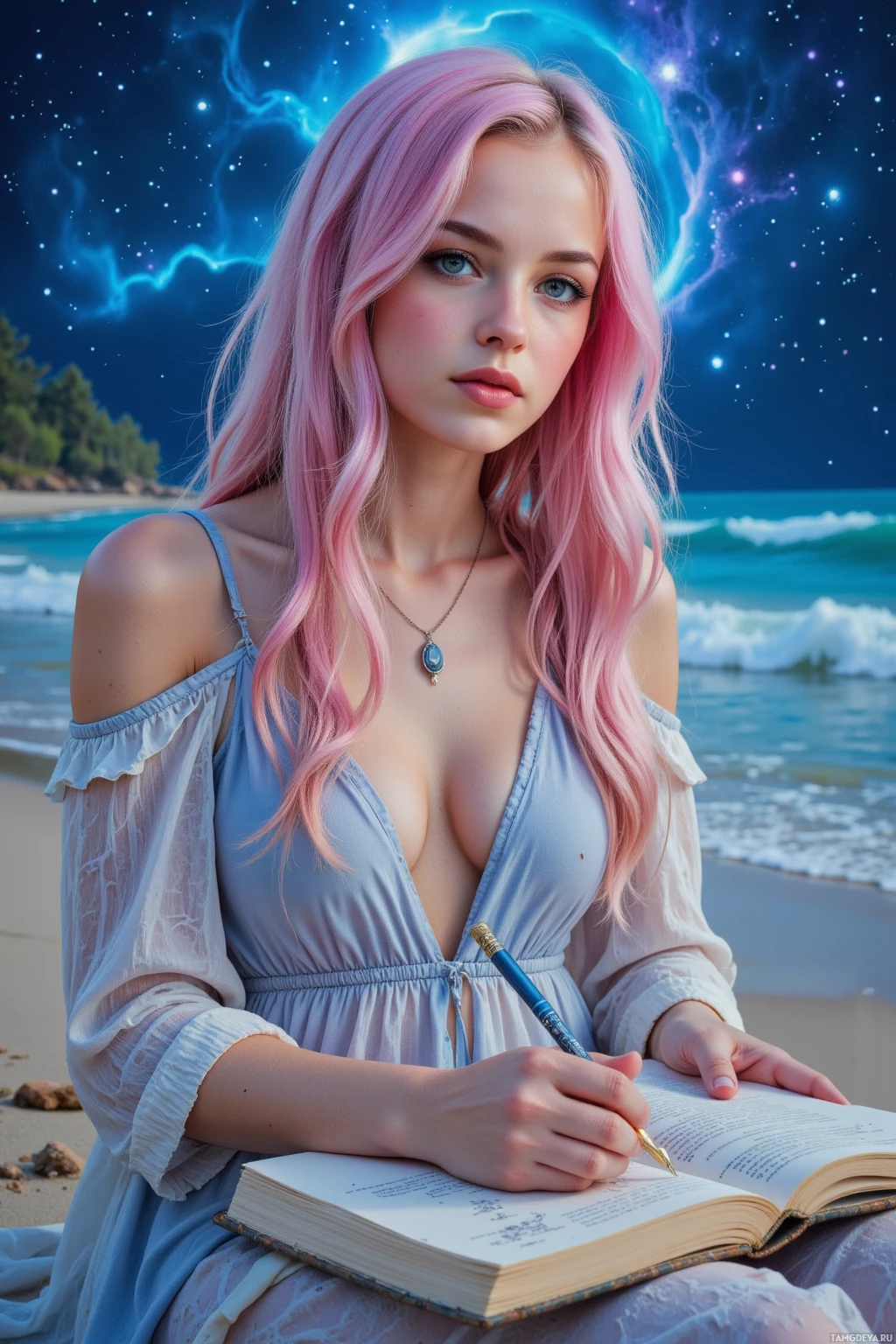 A person with pink hair sits on a beach, writing in a book with a pen.