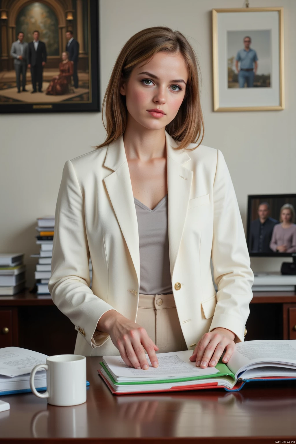 A person in a professional setting wearing a cream blazer and beige pants, standing at a desk with documents and a mug.