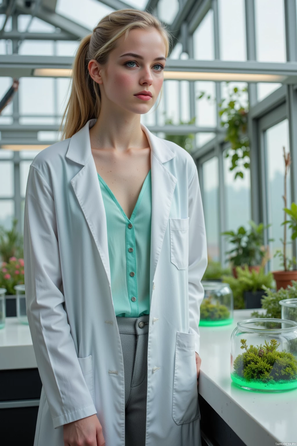 A person in a white lab coat stands indoors near plants and glass terrariums.
