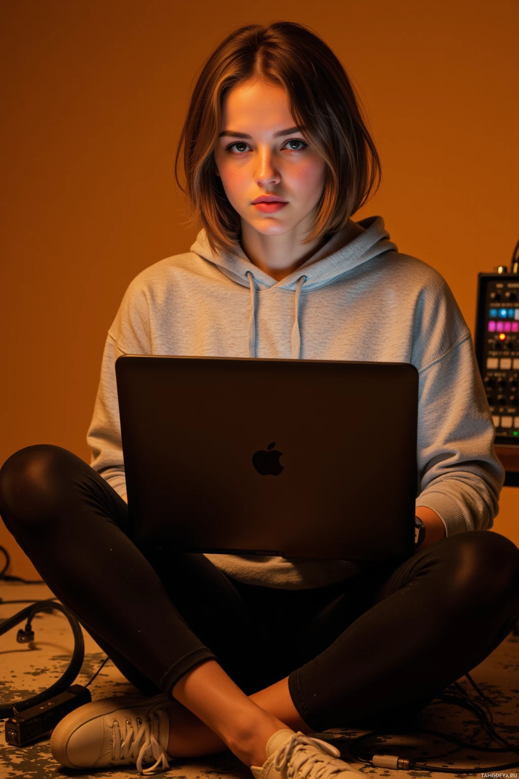 A person sits cross-legged on the floor with an open laptop in front of them, wearing casual clothing and sneakers.