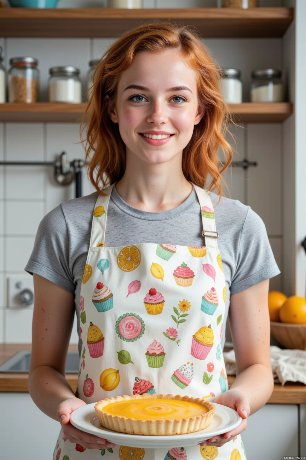 A person wearing a colorful apron holds a plate with a tart in a kitchen setting.
