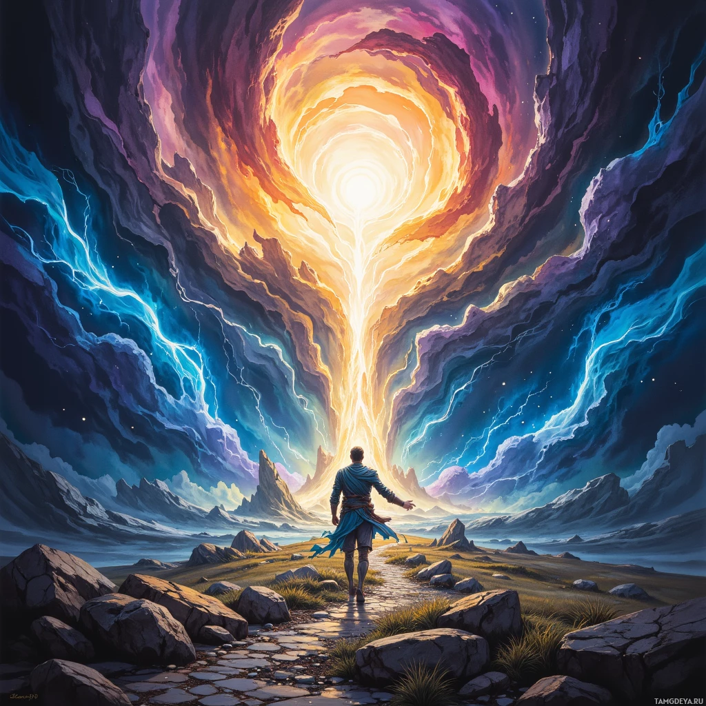 A lone figure walks along a stone path towards a radiant portal in the sky amidst a dramatic landscape with mountains and lightning.
