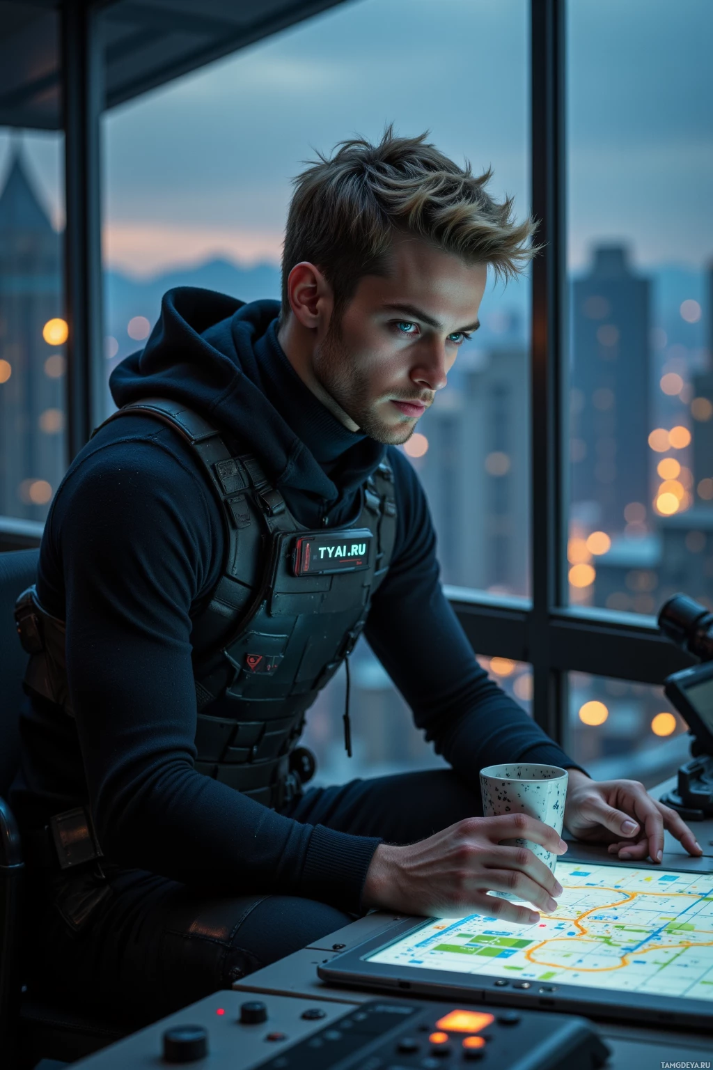 A person in tactical gear is seated at a desk, working on a map display with a cityscape visible through the window behind them.
