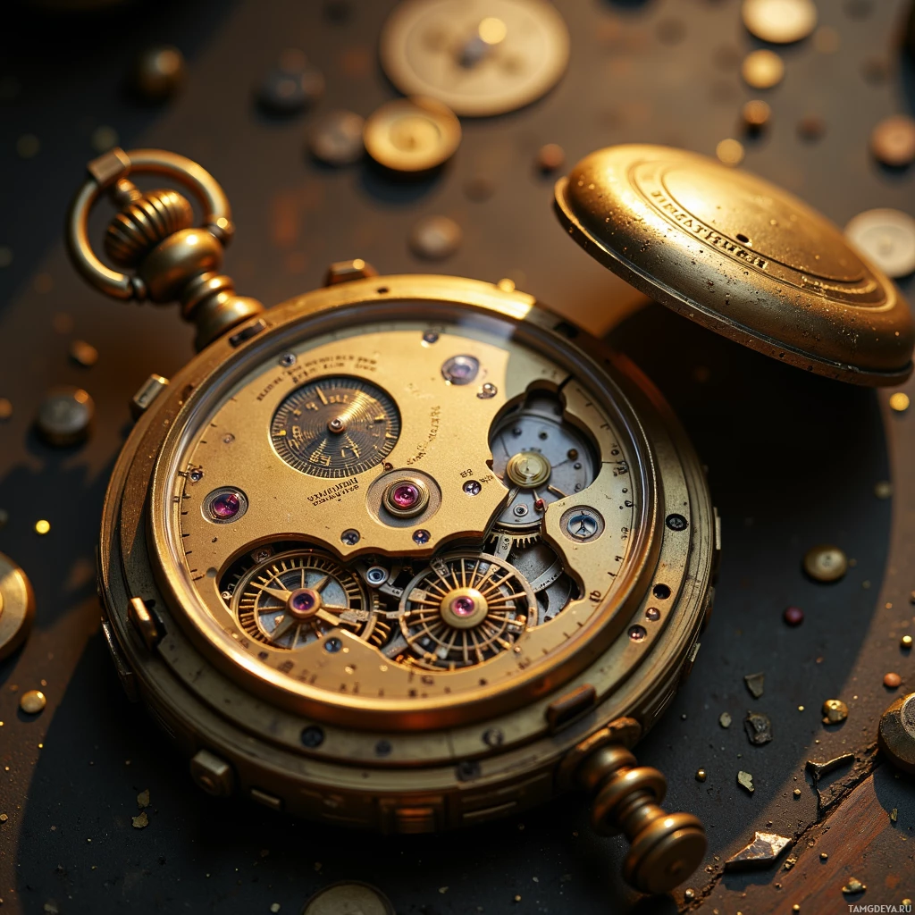 A close-up of an ornate, open pocket watch with intricate gears and a gold finish.