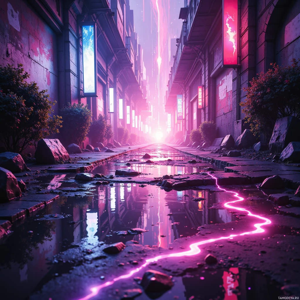 A neon-lit alleyway with reflective puddles and glowing signs creates an atmospheric urban scene.