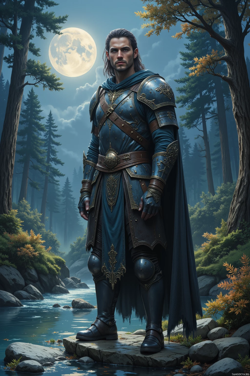 A knight in blue armor stands on a rocky path by a river under a full moon.