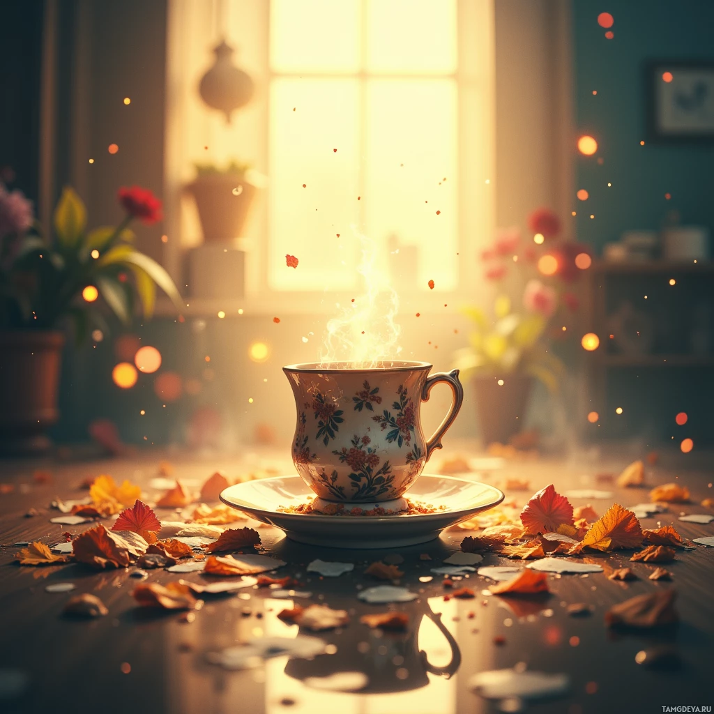 A steaming cup of tea on a saucer surrounded by autumn leaves and flowers, bathed in warm sunlight.