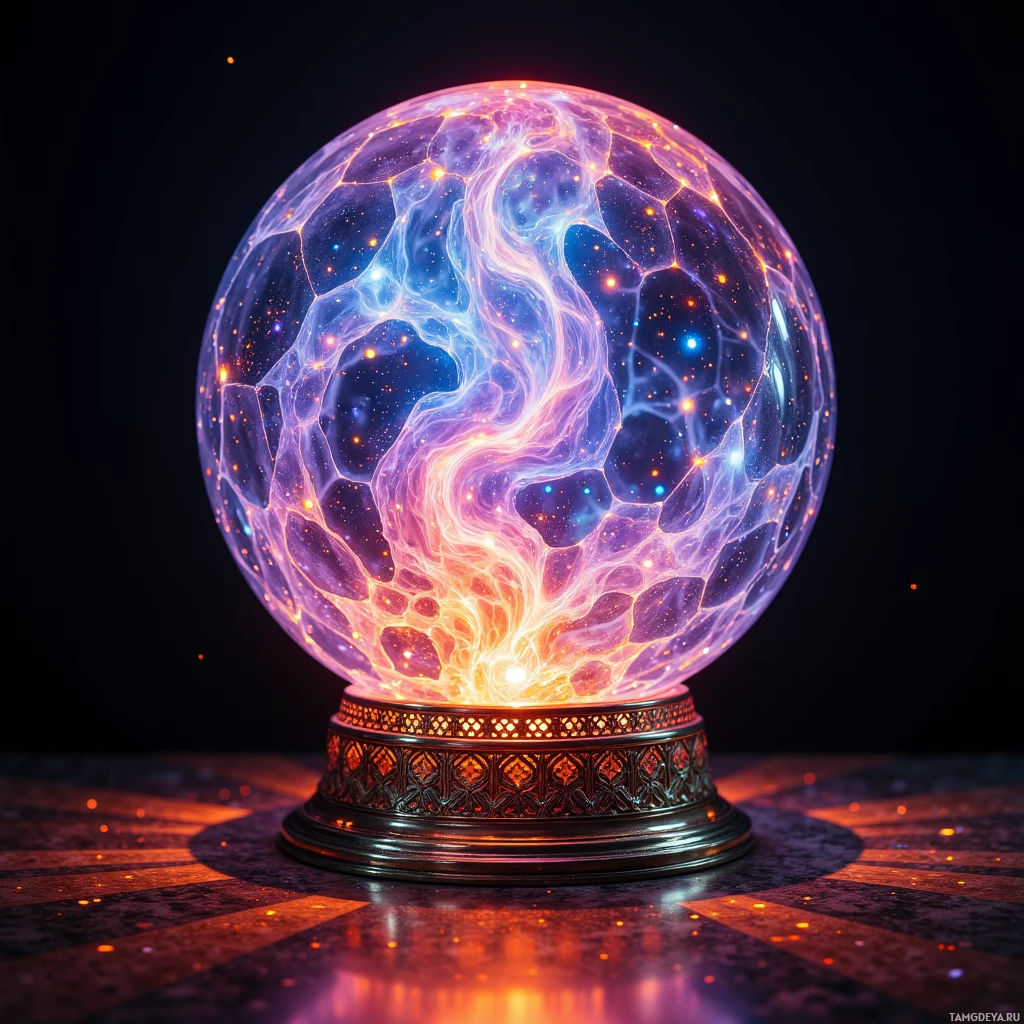 A glowing crystal ball with intricate patterns and vibrant colors sits on a decorative base.