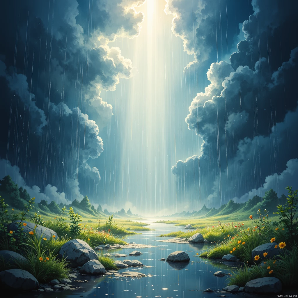 A serene landscape with a river, rocks, and flowers under a dramatic sky with rain and sunlight.