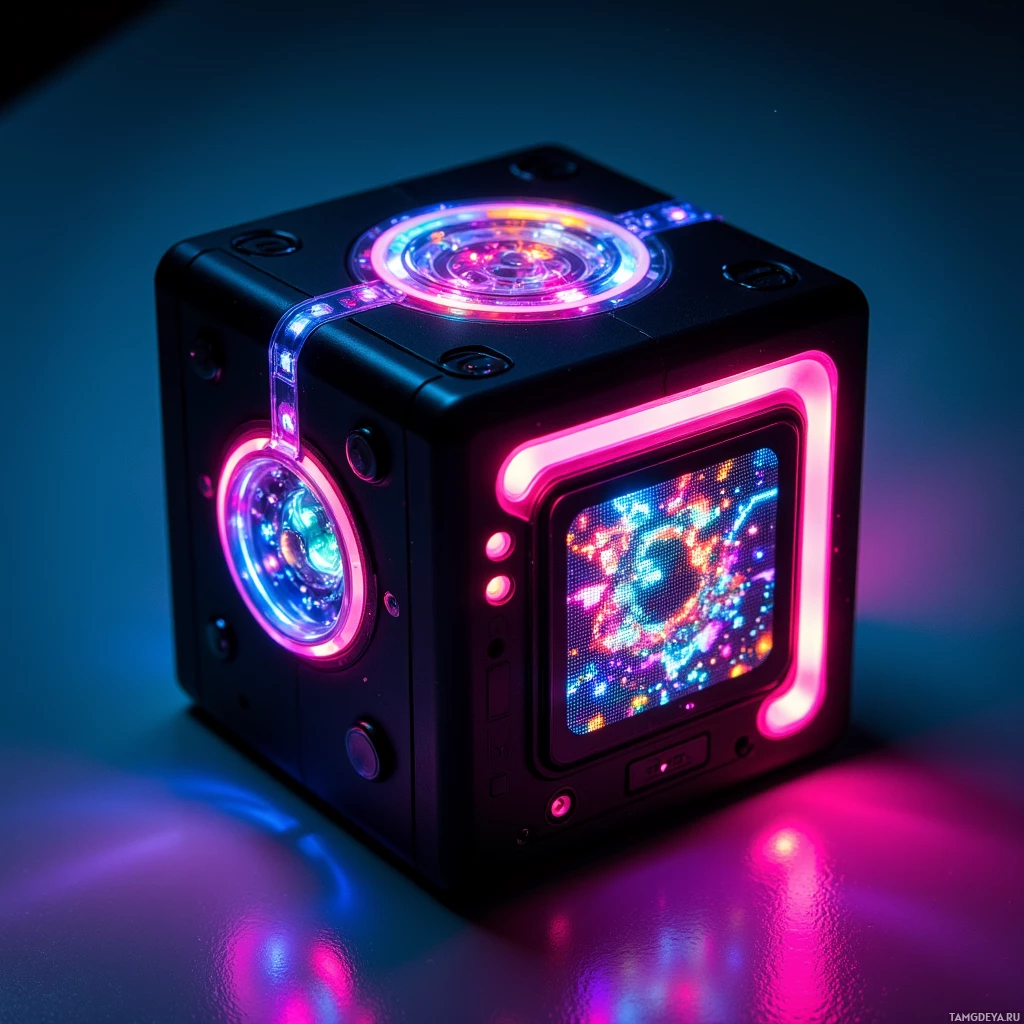 A futuristic, illuminated cube with glowing lights and a colorful display.