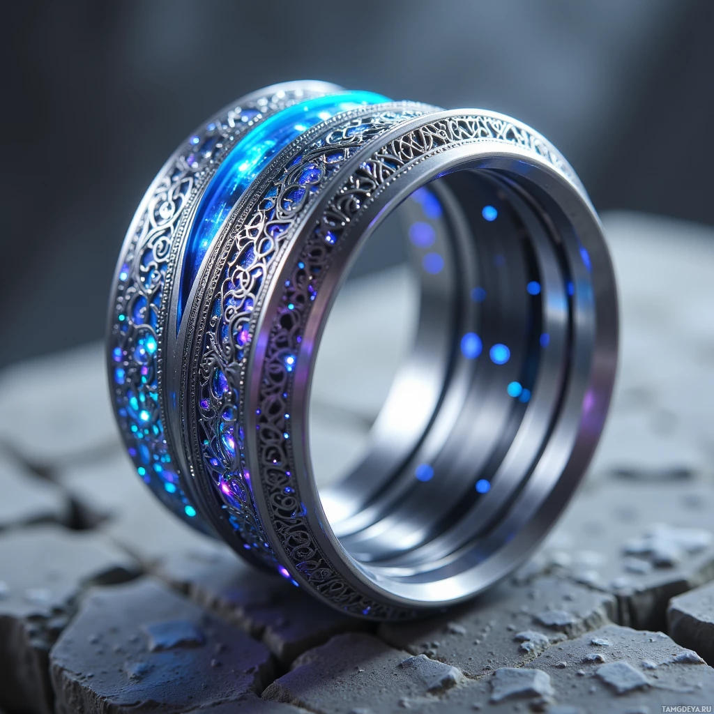 A close-up of an intricately designed ring with glowing blue accents resting on a textured surface.